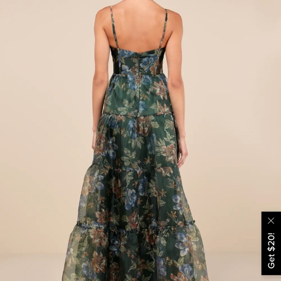 Lulus Exclusive Glamour Green Floral Organza Tiered Maxi Dress - Size S - Picture 3 of 4